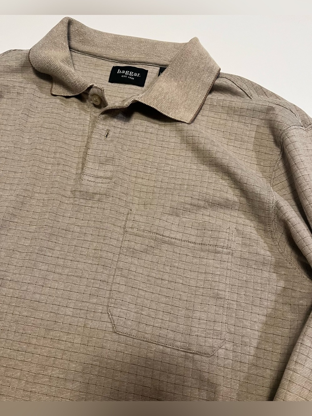 Haggar TanTextured Polo Long Sleeve Shirt